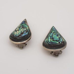 Vintage Alpaca Mexico Silver Abalone sea shell Clip On Earrings